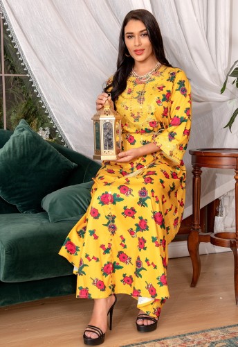 Yellow Print Loose Maxi Dress Islamic Muslim Dress
