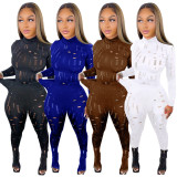 Blue Hollow Out Mock Neck Long Sleeve Top and Tight Pants 2PCS Set