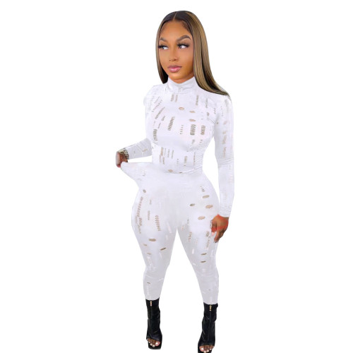 White Hollow Out Mock Neck Long Sleeve Top and Tight Pants 2PCS Set