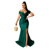 Green Off Shoulder Short Sleeve Side Split Mermaid Maxi Dress