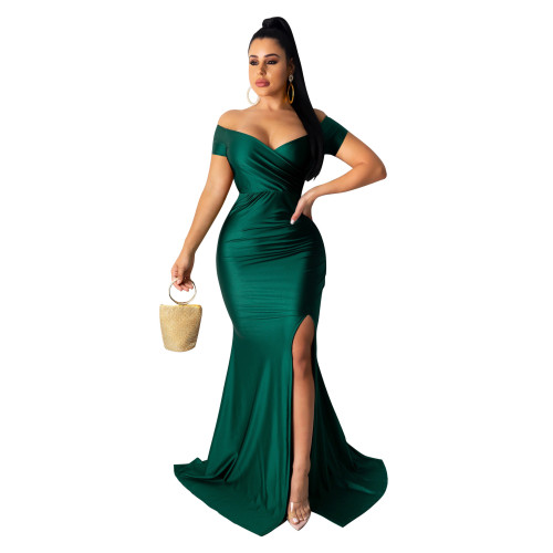 Green Off Shoulder Short Sleeve Side Split Mermaid Maxi Dress