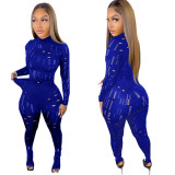 Blue Hollow Out Mock Neck Long Sleeve Top and Tight Pants 2PCS Set