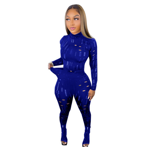 Blue Hollow Out Mock Neck Long Sleeve Top and Tight Pants 2PCS Set