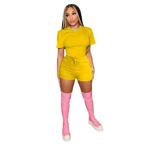 Yellow Short Sleeve T-Shirt and Shorts Solid Two Piece Set