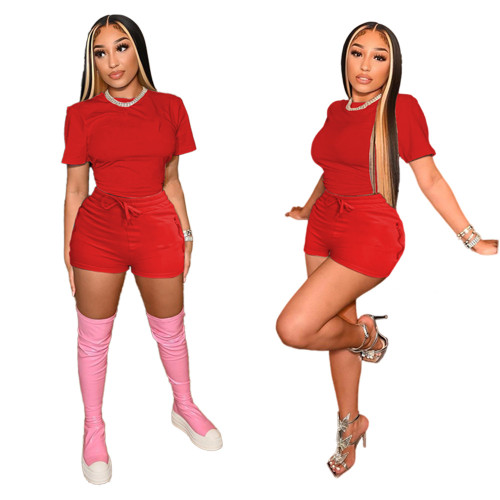 Red Short Sleeve T-Shirt and Shorts Solid Two Piece Set