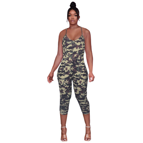 Sexy Summer Camo Green Print Cami Leisure Jumpsuit
