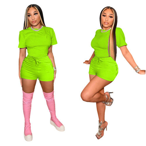 Neon Green Short Sleeve T-Shirt and Shorts Solid Two Piece Set