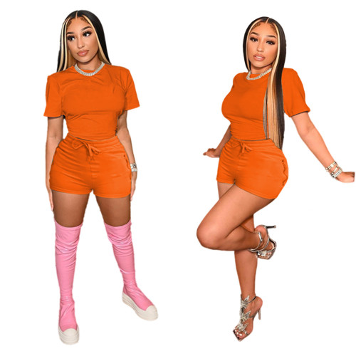 Orange Short Sleeve T-Shirt and Shorts Solid Two Piece Set
