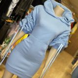 Drawstring Front Pocket Casual Blue Sweat Dress