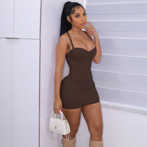 Sexy Coffee Cami Bodycon Mini Dress