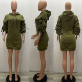 Drawstring Front Pocket Casual Army Green Sweat Dress
