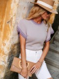 Purple Kintted O-Neck Ruffle Short Sleeves Top