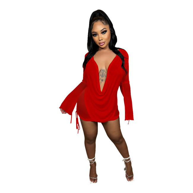 Mesh Red Sexy Plunge Drawstring Club Dress