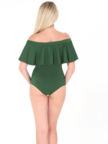 Green Off Shoulder Short Sleeves Ruffles Slim Fit Bodysuit