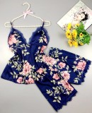 Floral Print Blue Silk Cami Top and Shorts Chemise Lingerie 2PCS Set