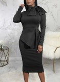 Black Knotted Long Sleeves Ruffle Midi Office Dress
