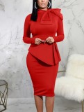 Red Knotted Long Sleeves Ruffle Midi Office Dress