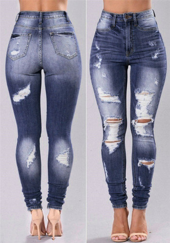 DK-Blue High Waist Ripped Bodycon Jeans with Pocket