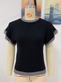 Black Kintted O-Neck Ruffle Short Sleeves Top