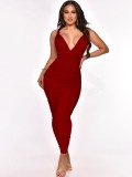 Red Cami Sleeveless Ruched Lace Up Fitted Long Dress