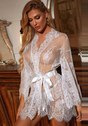 White Lace See Through Long Sleeve Robe Nightgown