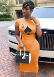 Print Orange O-Neck Short Sleeves Long Slinky Dress