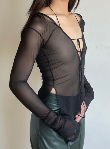 Black Mesh See Through Off Shoulder Wrist Sleeves Slit Sheer Tops