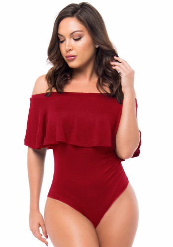 Red Off Shoulder Short Sleeves Ruffles Slim Fit Bodysuit