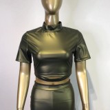 Green PU Leather Turtleneck Short Sleeves Crop Top and Stacked Pants 2PCS Set