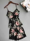 Floral Print Black Silk Cami Top and Shorts Chemise Lingerie 2PCS Set