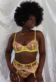 Yellow Floral Lace Underwear Cami Bra Garter Lingerie 3PCS Set