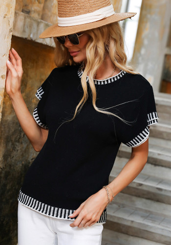 Black Kintted O-Neck Ruffle Short Sleeves Top
