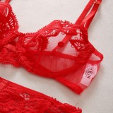 Red Floral Lace Underwear Cami Bra Garter Lingerie 3PCS Set