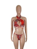 Print Red O-Ring Halter Bikini Two Piece Set