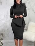 Black Knotted Long Sleeves Ruffle Midi Office Dress