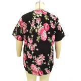 Plus Size Floral Print Black Short Sleeves Blouse