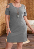 Plus Size Grey Keyhole O-Neck Short Sleeves Mini Dress