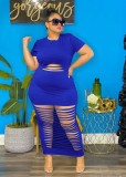 Plus Size Blue Ripped Hollow Out O-Neck Short Sleeves Long Dress