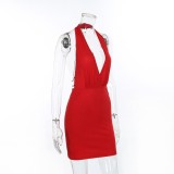 Elegant Red Deep-V Halter Sleeveless Backless Mini Bodycon Dress