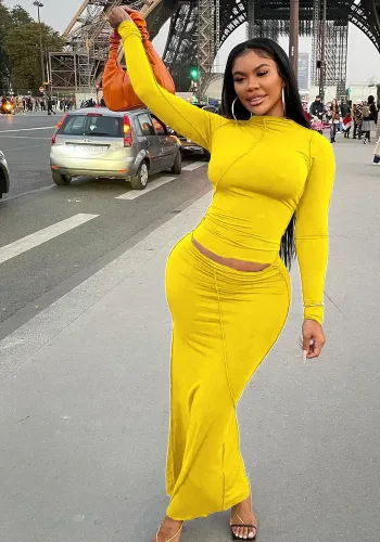 Yellow O-Neck Long Sleeves Top and Long Pencil Skirt 2PCS Set