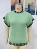 Green Kintted O-Neck Ruffle Short Sleeves Top