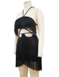 Black Cut Out Halter Sleeveless Backless Fringed Mini Dress