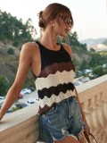 Wavy Stripes Color Block Black Kintted O-Neck Tank Tops