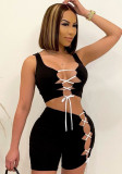 Black Lace Up Sleeveless Tank Crop Top and High Waist Shorts 2PCS Set