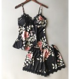 Floral Print Black Silk Cami Top and Shorts Chemise Lingerie 2PCS Set