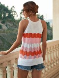 Wavy Stripes Color Block White Kintted O-Neck Tank Tops