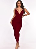 Burgunry Cami Sleeveless Ruched Lace Up Fitted Long Dress