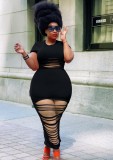 Plus Size Black Ripped Hollow Out O-Neck Short Sleeves Long Dress