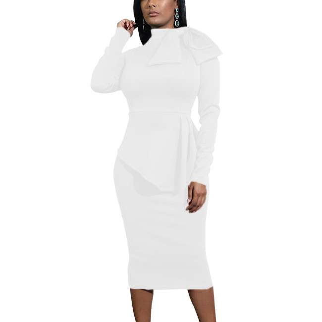 White Knotted Long Sleeves Ruffle Midi Office Dress