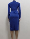Blue Knotted Long Sleeves Ruffle Midi Office Dress